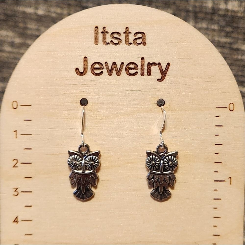 Owl charm earrings on sterling silver earwires - Picture 1 of 2